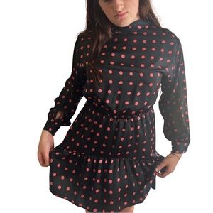 Zara Women's Black and Pink Long Sleeve Polk-a-Dot Midi Dress Size S